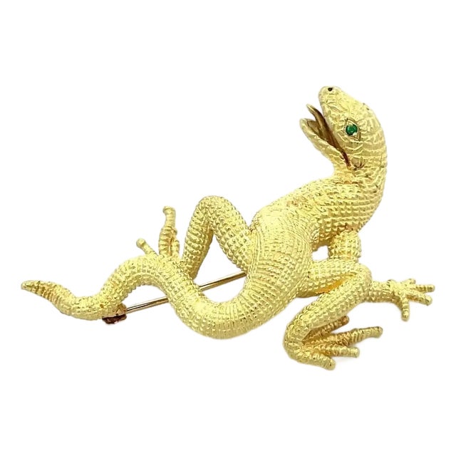 Kurt Wayne Lizard Brooch 18k Yellow Gold Gemstones Eyes For Sale