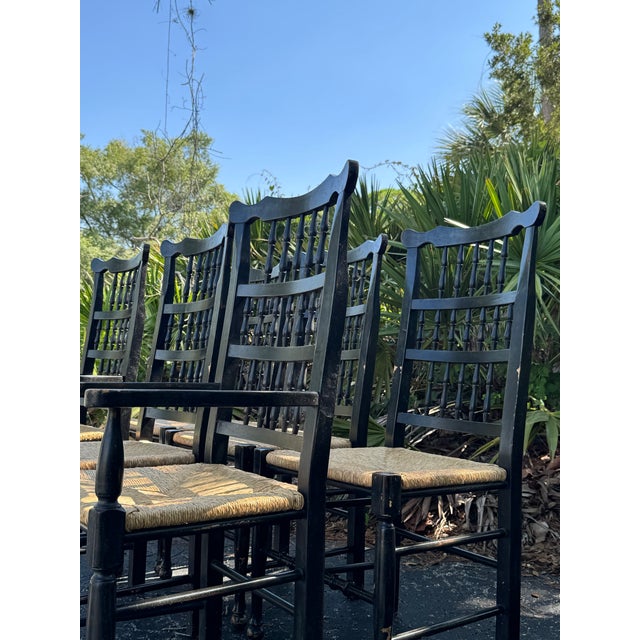 Set of 6 Vintage Black Painted Spindle-Back & Ladder-Back Rush Seat Dining Chairs For Sale - Image 4 of 12