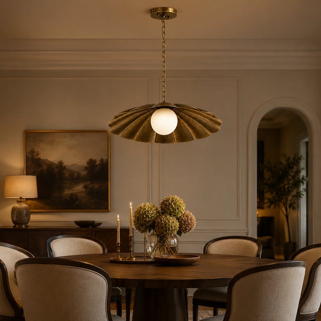 Scalloped Brass Semi Flush Ceiling Light, Vintage Flower Pendant Fixture With Milk Glass Globe For Sale - Image 6 of 12