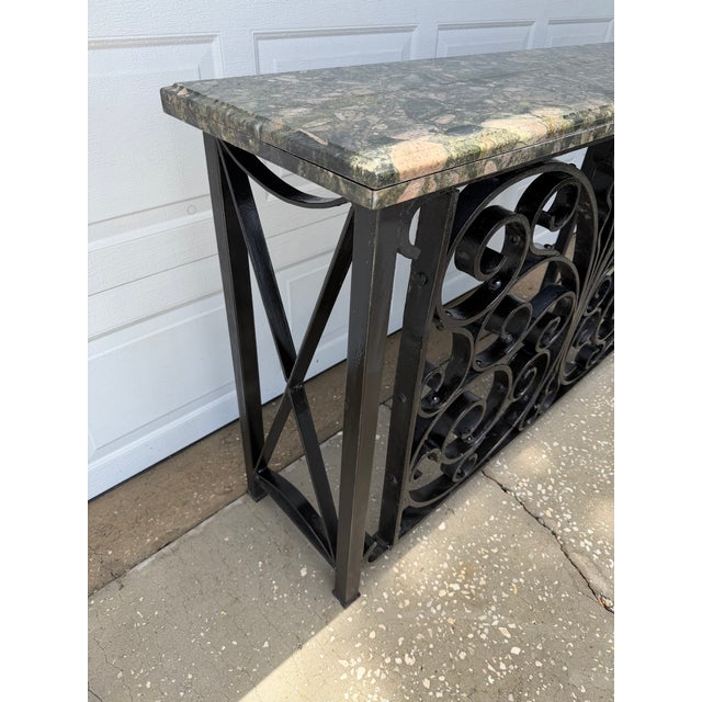 Green Vintage Mediterranean Wrought Iron Console Table With Stone Top For Sale - Image 8 of 16