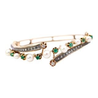 Old Vintage 14k (585) Yellow Gold Natural Diamond Bangle Bracelet For Sale