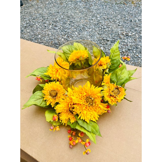 Natural Looking Beautiful Golden Sunflower Candle Holder Silk Flower Arrangement For Sale In Portland, ME - Image 6 of 9