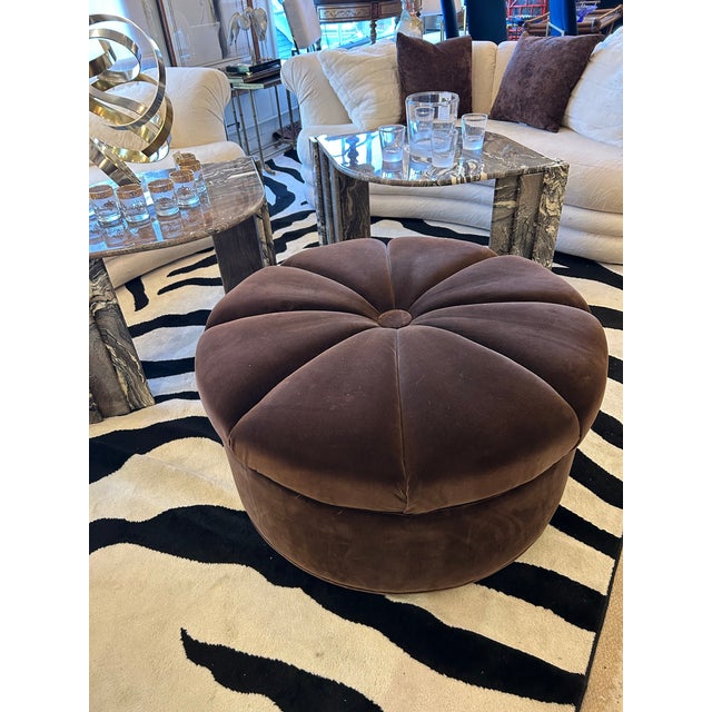 Swaim Brown Round Luxurious Velvet Ottoman Pouf For Sale - Image 4 of 6