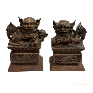 Antique 19th Century Chinese Carved Wood Temple Lions/Foo Dogs- a Pair
