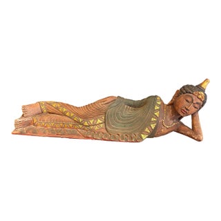 Hand Carved Wooden Vintage Reclining Buddha For Sale