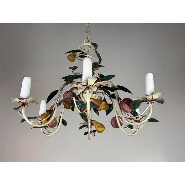 French Country Italian Tole Six-Light Fruit-Form Chandelier With Polychrome Leaves For Sale - Image 3 of 6