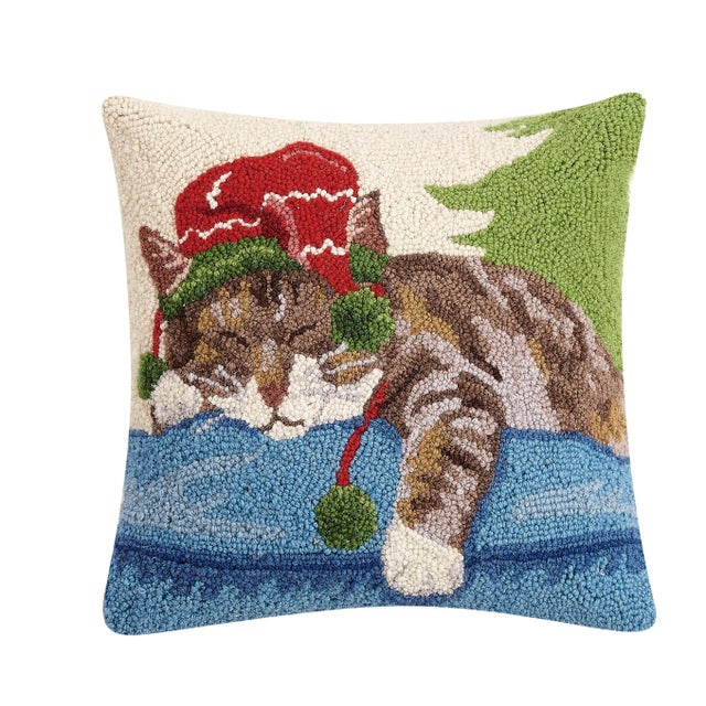 Traditional Holiday Napping Cat Hook Pillow 16" x 16" For Sale - Image 3 of 3