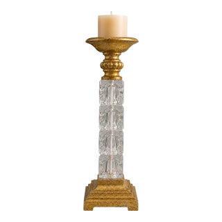 Vintage Hollywood Regency Gold and Clear Acrylic Pillar Candle Holder For Sale