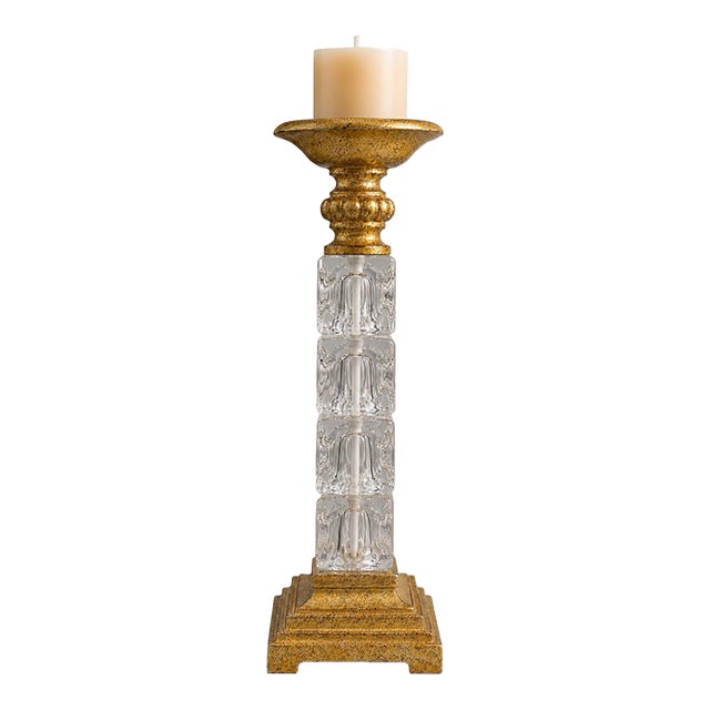 Vintage Hollywood Regency Gold and Clear Acrylic Pillar Candle Holder For Sale