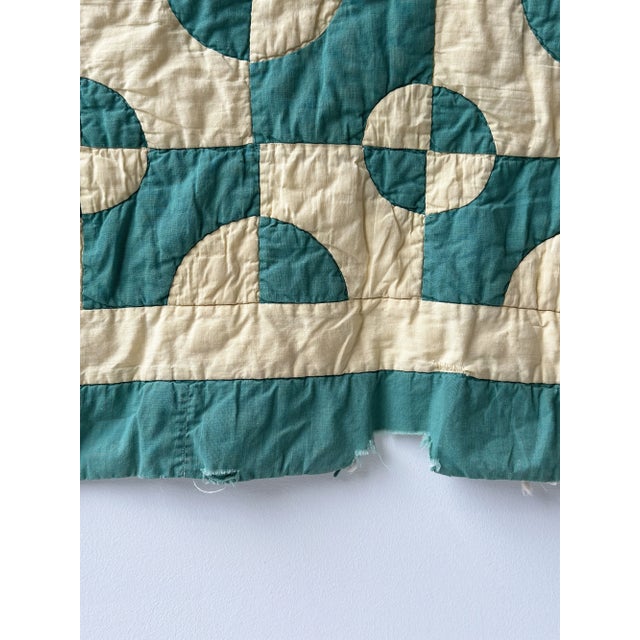 Vintage Teal + Soft Yellow Cotton Drunkard's Path Circle Quilt, Circa 1930s-40s For Sale - Image 11 of 18