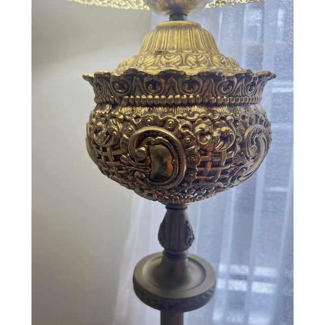 Vintage Mid Century Brass Floor Lamp Floral Hand Painted Shade For Sale - Image 4 of 11
