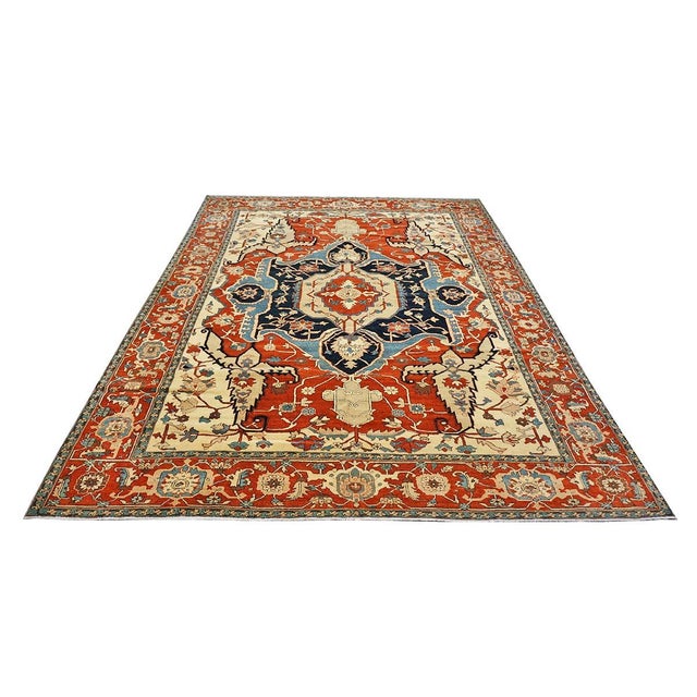 Persian Serapi 8x11 Rust, Ivory, & Blue Antique Recreation Handmade Area Rug #1141242
