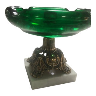 Vintage Green Glass Ashtray With Brass and Marble Pedestal Base Mid Century Footed Bowl Pedestal Ashtray Italy Rare Find! For Sale