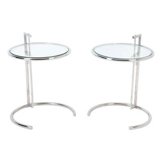 Late 20th Century Eileen Gray Style Round Chrome Steel & Glass Side Tables - A Pair For Sale