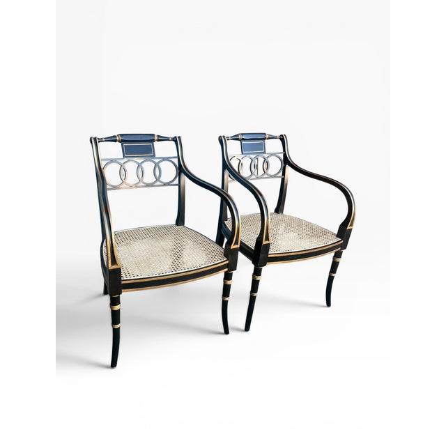 Baker Furniture Company Pair of Baker Furniture “Governor Alston” Regency Black & Gilt Caned Armchairs For Sale - Image 4 of 14