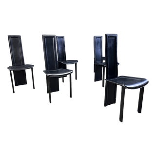 Italian Leather High Back Dining Chairs, 1980s, Set of 6 For Sale