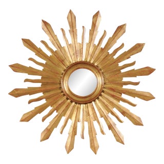 Large Vintage French Midcentury Sunburst with Small Convex Mirror Plate For Sale