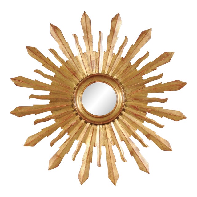 Large Vintage French Midcentury Sunburst with Small Convex Mirror Plate For Sale