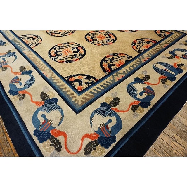1920s Ivory and Blue Dragon Roundels Antique Chinese Baotou Room Size Rug For Sale - Image 10 of 10