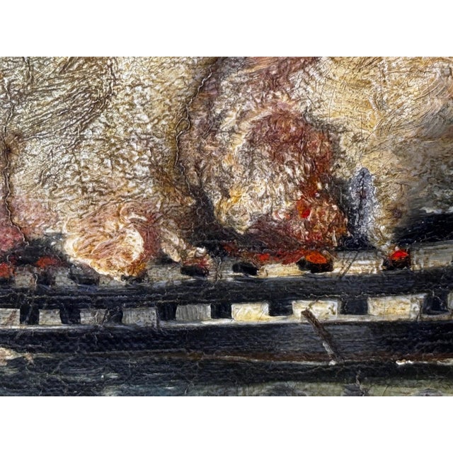 Victorian British Naval Marine Oil Painting HMS Bombay on Fire Off Montevideo 1864 After Beechey For Sale - Image 15 of 18