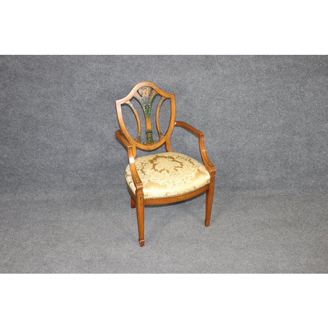 English Antique 19th C. English Adams Style Satinwood Armchair, Silk Damask Upholstery For Sale - Image 3 of 11