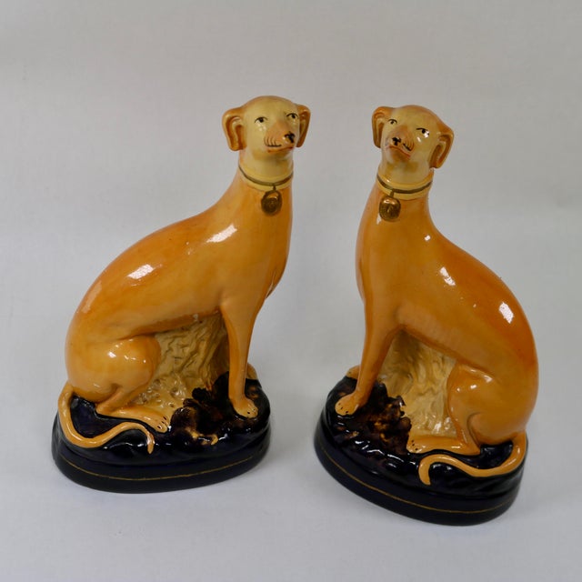 Stunning pair of Staffordshire style dogs, on navy pillows with gold trim, bookends attributed to Borghese by Niepolds of...