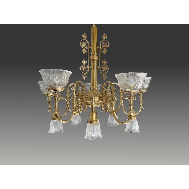 Victorian Vintage Brass 2-Up 2-Down Chandelier, Etched Glass Shades, Victorian Revival Lighting Fixture For Sale - Image 3 of 18