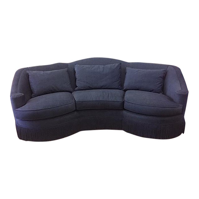 Navy Micro Velvet Vintage Custom Curved Backed Henredon Sofa With