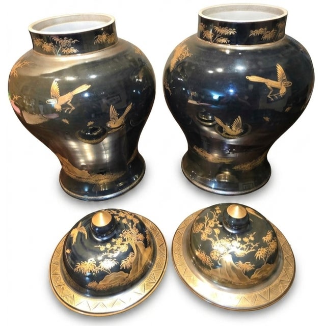 Late 19th Century Pair of Mirror Black Chinese Ginger Jars For Sale - Image 5 of 6