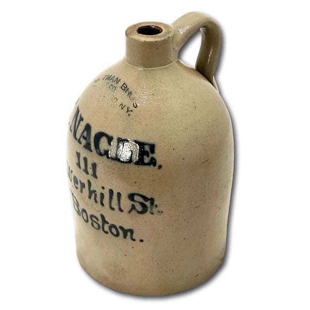 Antique Blue "Script" Boston Decorated Stoneware 1 Gallon Spirits Jug by Maker Ottman Bros. New York For Sale In Boston - Image 6 of 12