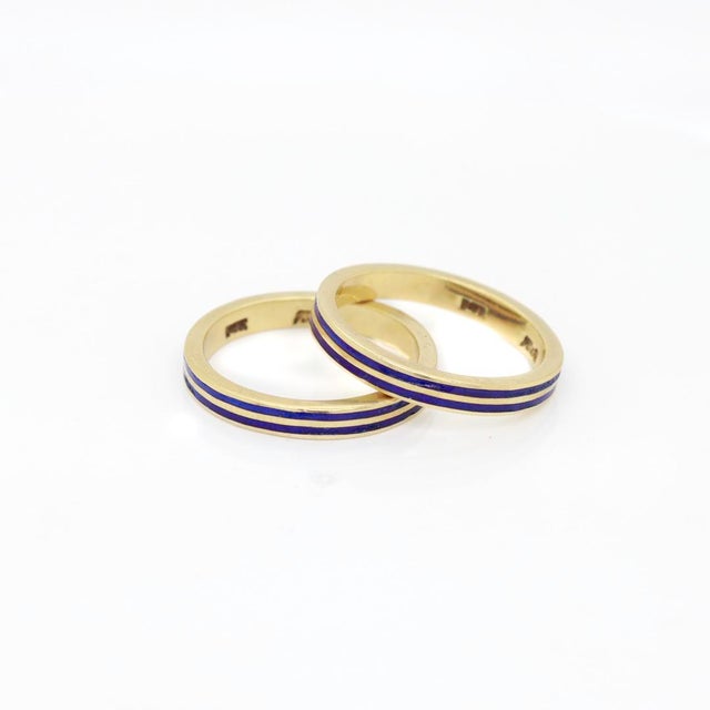 Pair of Signed 14k Gold & Blue Enamel Estate Band Rings For Sale - Image 4 of 12