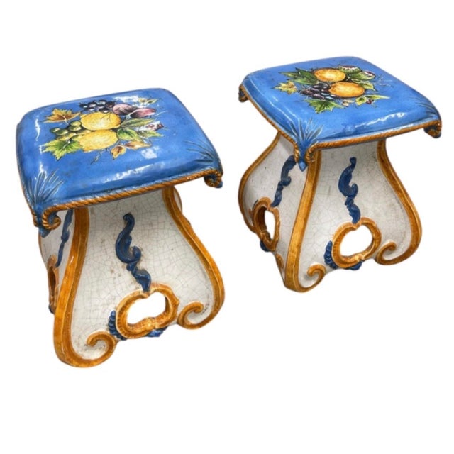 Pair of Vintage Italian Majolica Ceramic Fruit Motif Garden Stools For Sale - Image 4 of 12