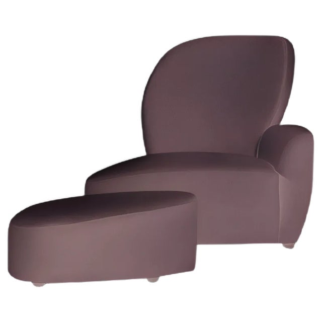 Set of Light Grey Fabric & Ebony Wood Lounge Chair with Footrest from C.A. Spanish Handicraft For Sale