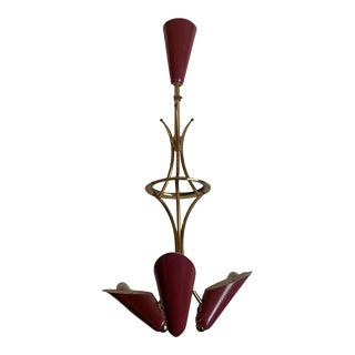 Italian Mid Century Pendant in Brass and Deep Red Enamel For Sale