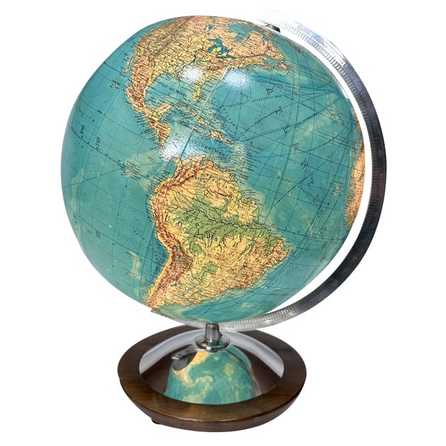 Illuminated Model Duo Table Glass Globe with Chrome-Plated Semi-Meridian by Paul Oestergaard for Columbus Verlag, West-Germany, 1950s For Sale