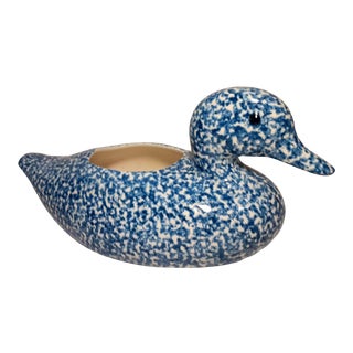 Vintage Pottery Spongeware Ceramic Duck Planter For Sale
