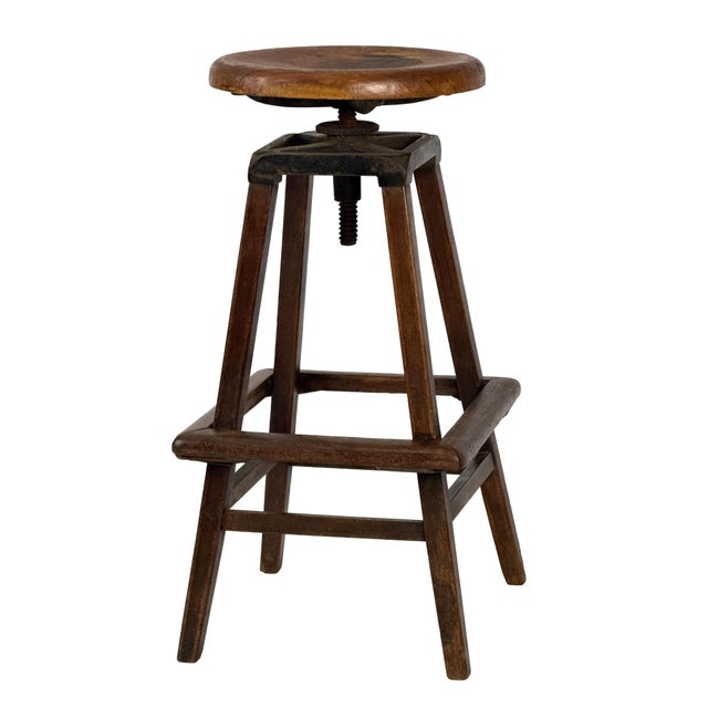 Antique 1910s 30" Tall Industrial Architect's Draftsman Stool - Adjustable Wood & Cast Iron Swivel Seat For Sale - Image 4 of 18