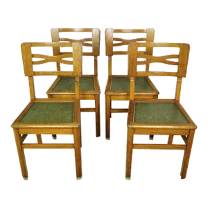 Mid 20th Century Vintage European Wood Dining Chairs With Green Seats- Set of 4
