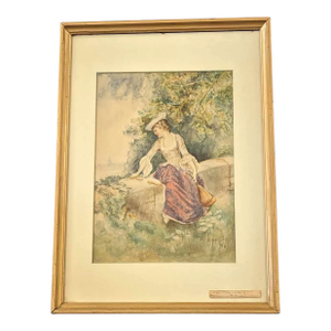 Signed M. Meader 1898 Watercolor Painting of a Young Woman, Framed