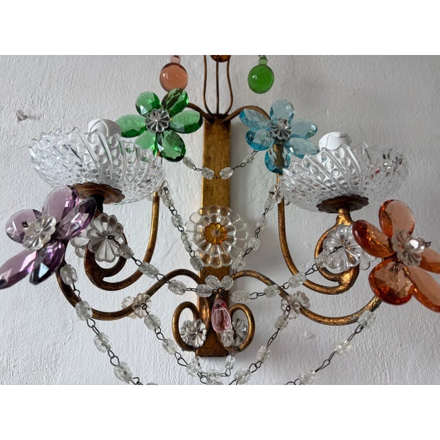 Maison Baguès Style Multicolor Prisms Murano Drops Crystal Flowers Sconces C1930 For Sale - Image 9 of 14
