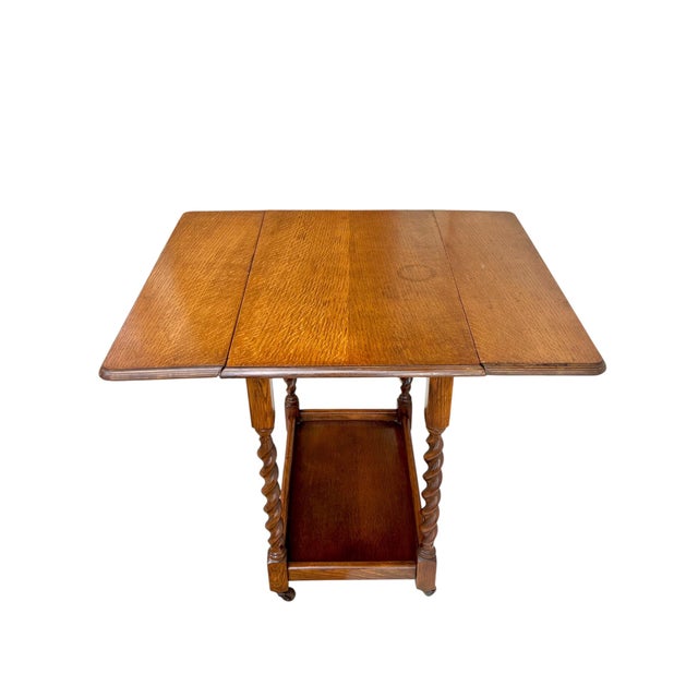Antique English Oak Drop-Leaf Card Table or Bar Cart With Barley-Twist Legs For Sale - Image 11 of 17