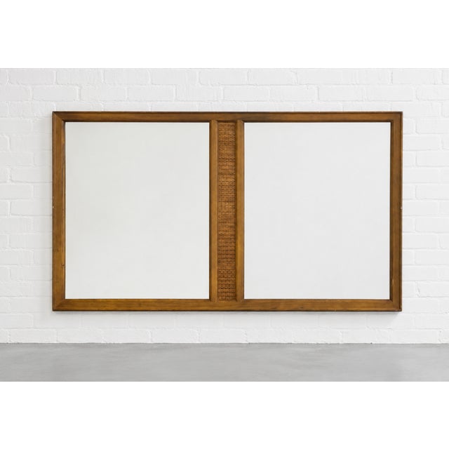 Large Vintage Mid Century Modern Mirror | Walnut Rattan Mirror C. 1960's For Sale - Image 9 of 9