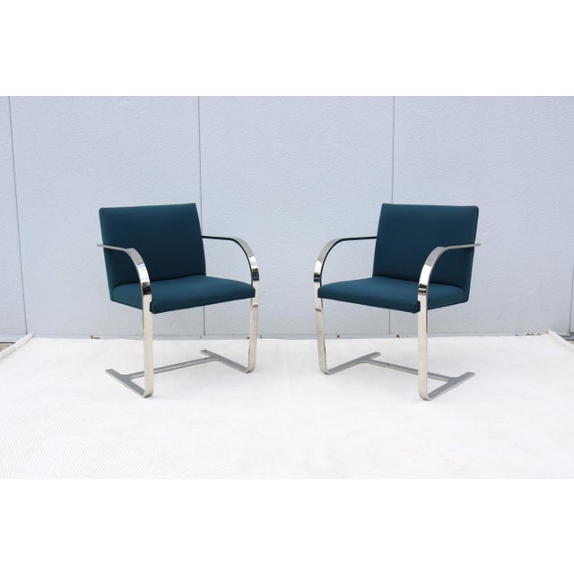 1990s Ludwig Mies Van Der Rohe Brno Flat Bar Chairs in Blue Fabric by Gordon, a Pair For Sale - Image 5 of 18
