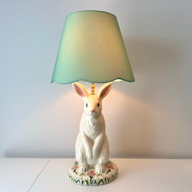 Vintage custom built ceramic hand painted bunny rabbit lamp paired with a green scalloped empire lamp shade.