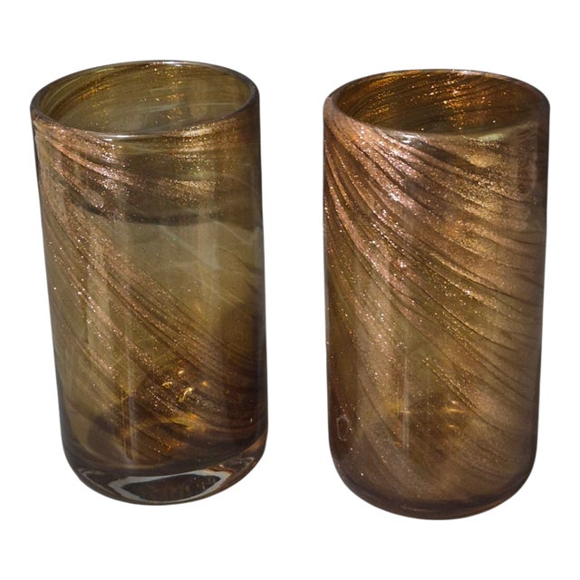 Late 20th Century Attributed Murano Art Glass Hand Blown Pair Tumblers Glasses Copper Gold Color For Sale - Image 6 of 6