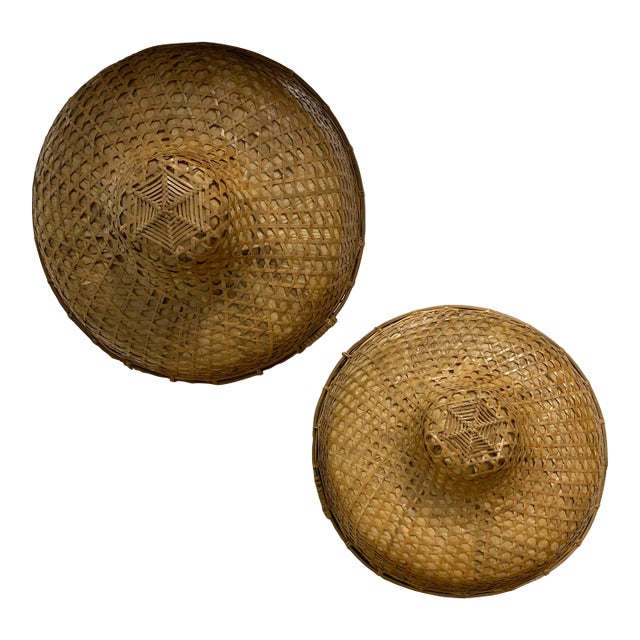 Vintage Pair of Handwoven Vietnamese Bamboo & Straw Field Hats For Sale