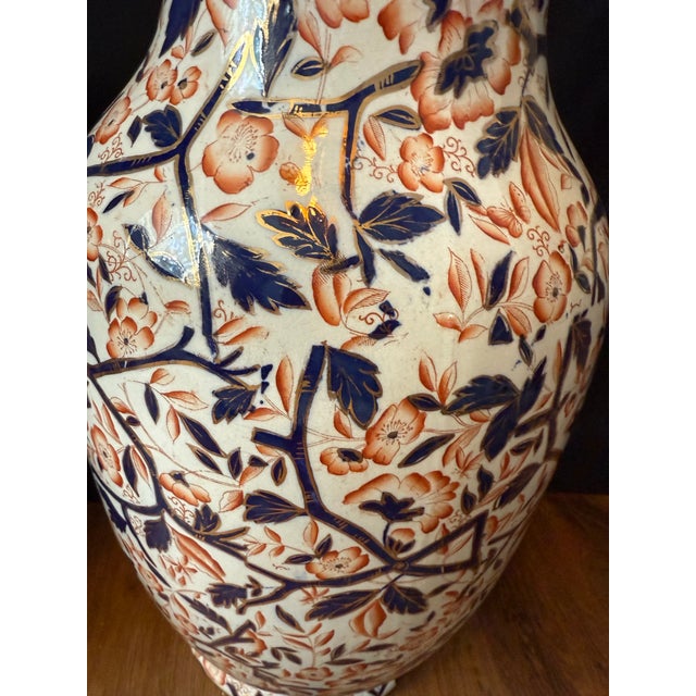 Japanese Pair of Large Vintage Japanese Imari Porcelain Floor Vases – 22” Tall, Prunus Blossom & Floral Motif For Sale - Image 3 of 7