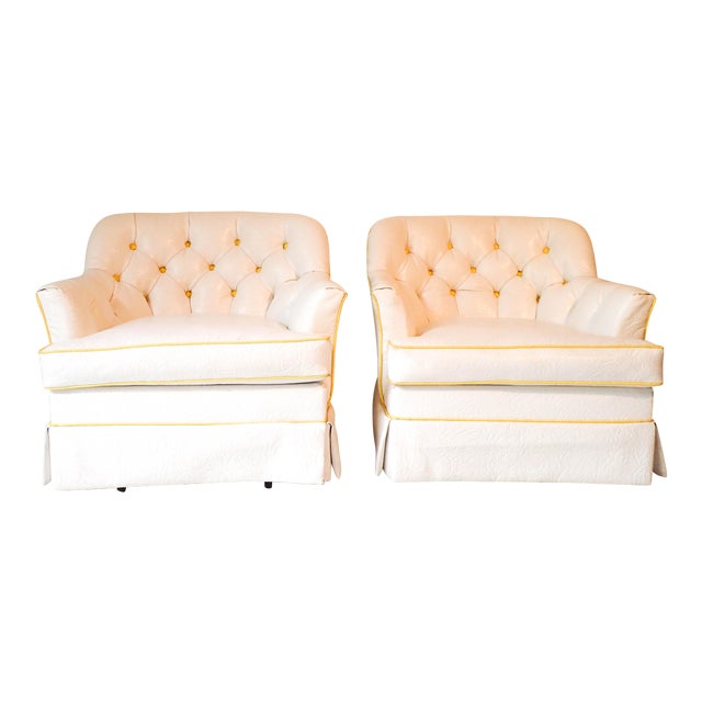 Hollywood Regency White/Yellow Tufted Swivel Club Chairs a Pair