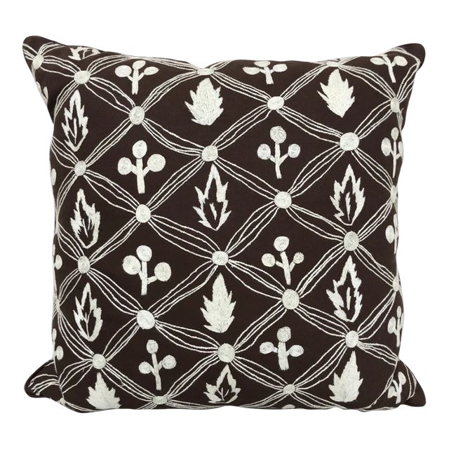 Contemporary Botanical Embroidered Linen Pillow Cover For Sale