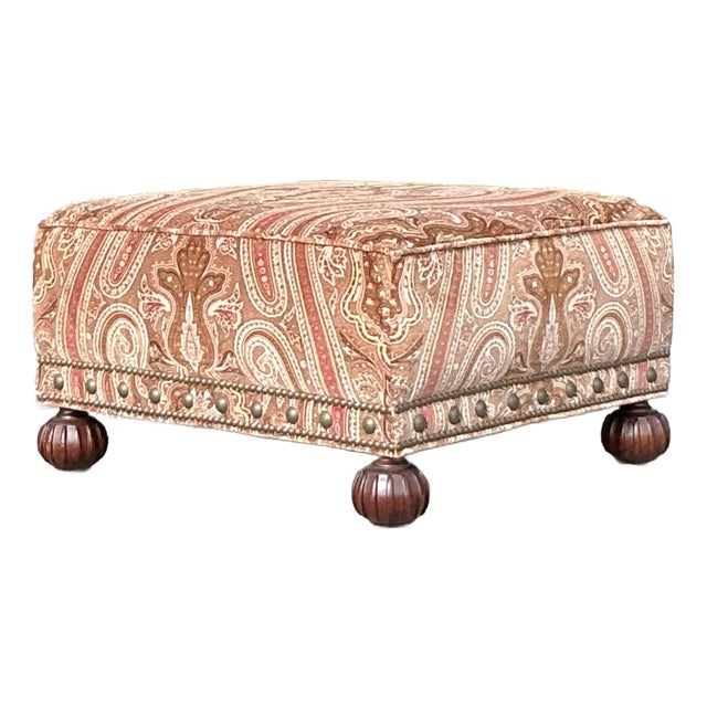 Vintage Regency Ralph Lauren Paisley Velvet Nailhead Ottoman For Sale